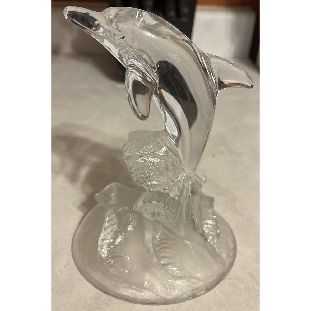 Vintage 6" Cristal D'Arques Clear Lead Glass Crystal Dolphin Figure On Waves - Picture 4 of 6